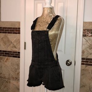 Washed out black denim short overalls